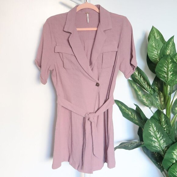 Free People Clementine Purple Ash Textured Linen Cotton Short Sleeve Mini Dress - Picture 3 of 8